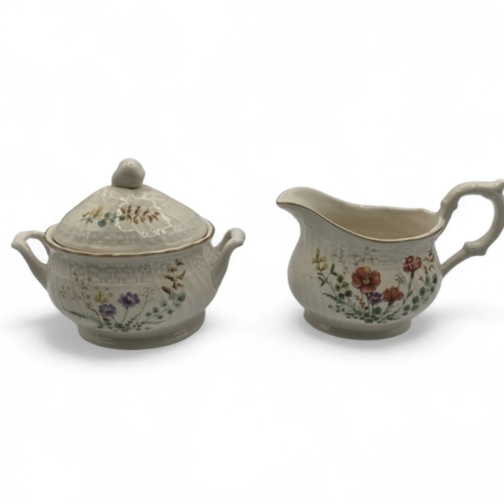 Mikasa Margaux sugar bowl creamer set D1006 Wildflowers Floral Ivory White Weave